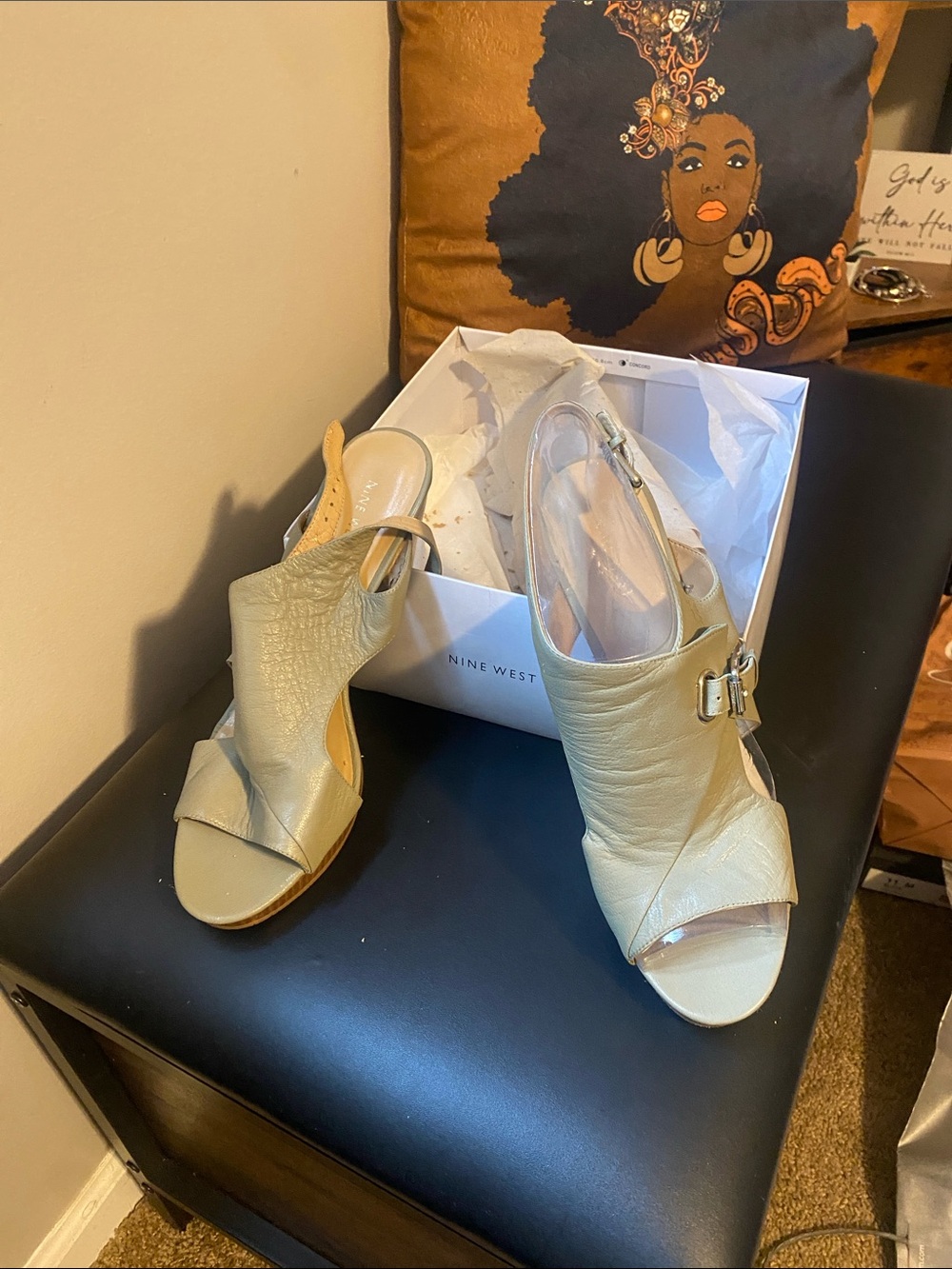 Nine West Tan Leather Open-Toe Slingback Heels
